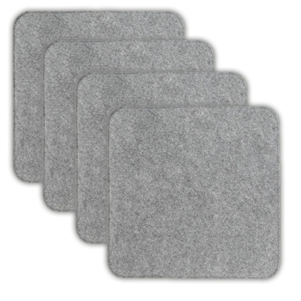Four gray square felt coasters are stacked on a white background.