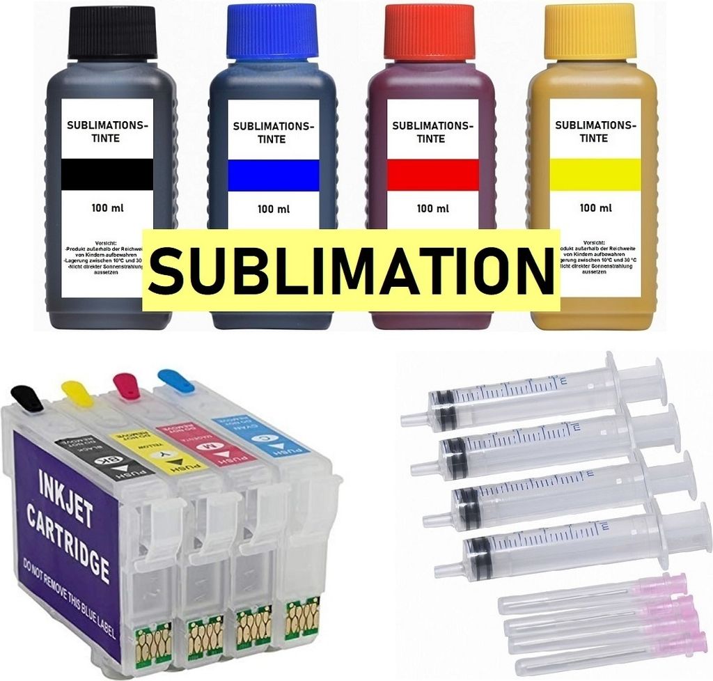 A collage of sublimation ink bottles, inkjet cartridges, and syringes.