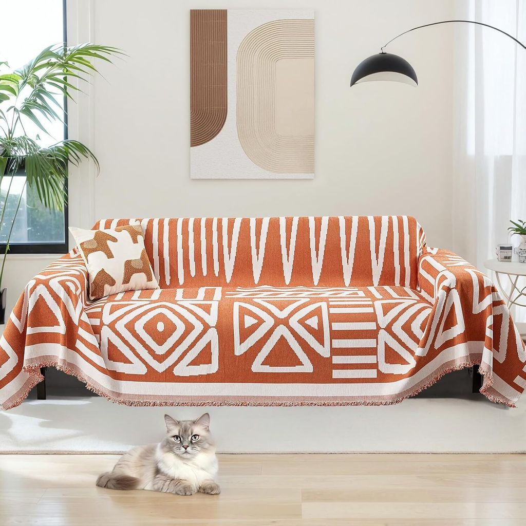 Boho Decke Sofadecke, Couch Überwurf Vielseitige Decke für Zuhause,Büro,Reisen,Zelten,180*260cm,Orange