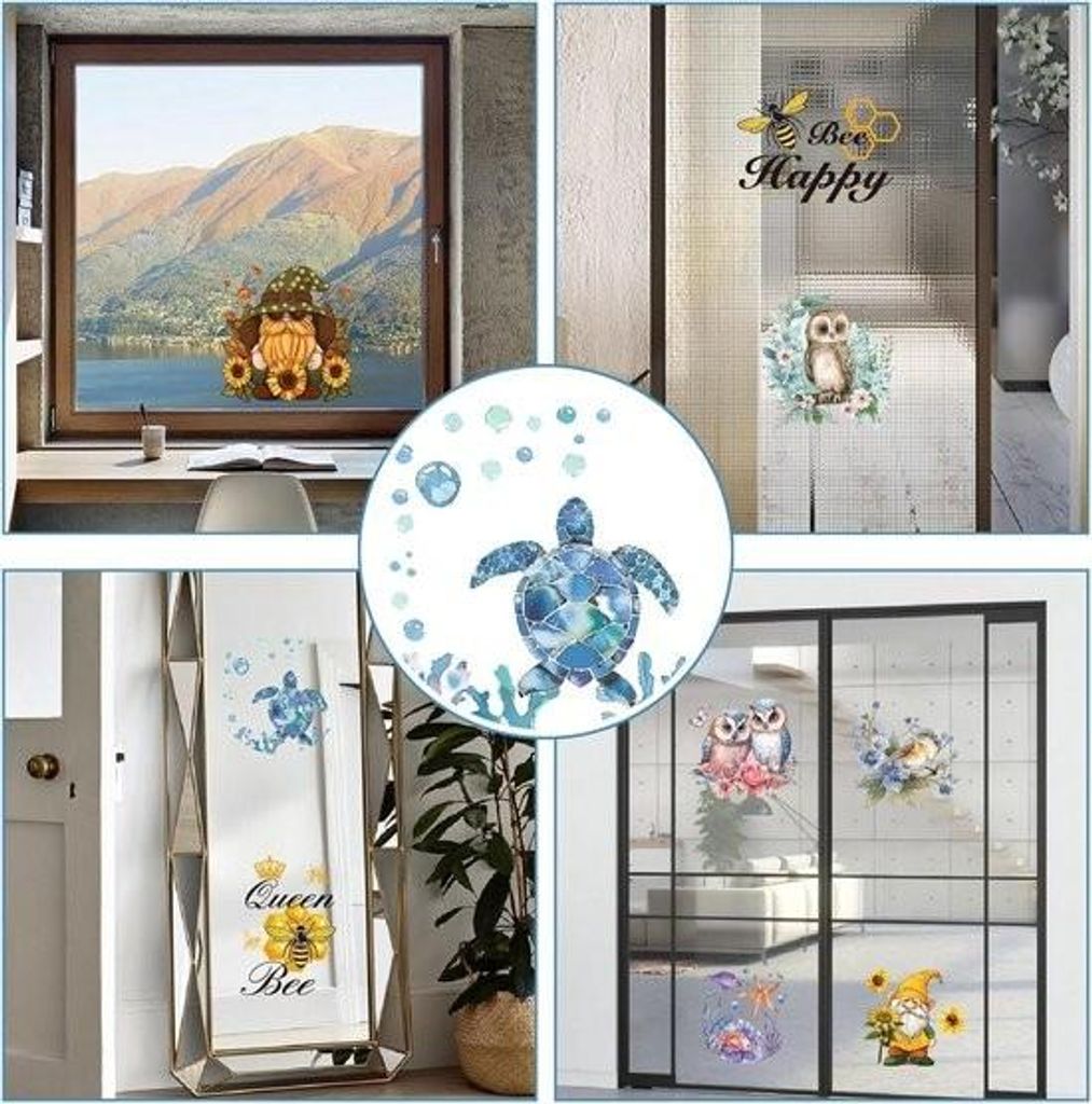 Statischer Fensteraufkleber – Fensteraufkleber für Schiebetüren aus Glas mit Meerestieren – 16 cm große Schildkröten, Seepferdchen, Quallen...