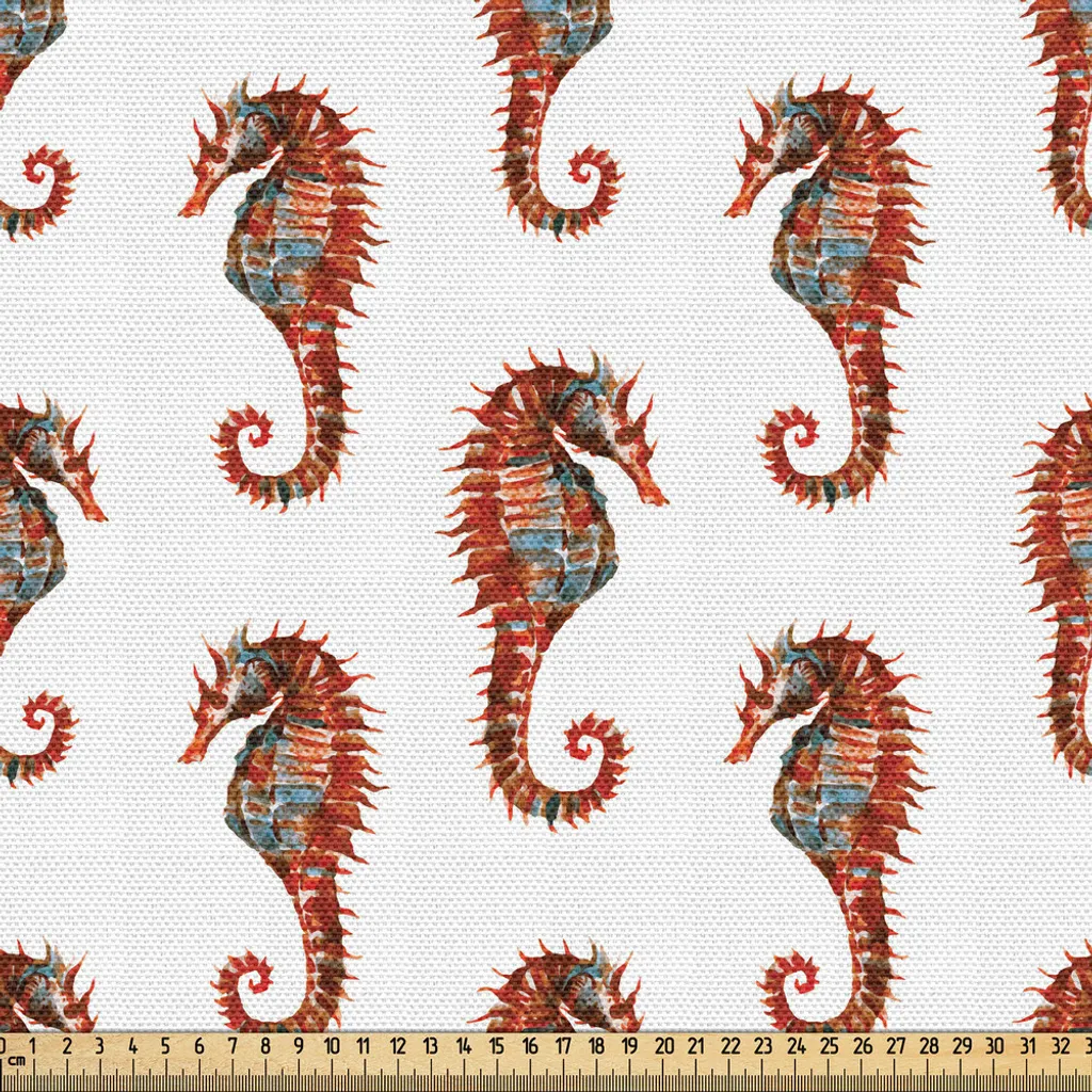 Tissu aquarelle vibrant motif hippocampe, design naturel 148x300 cm gris
