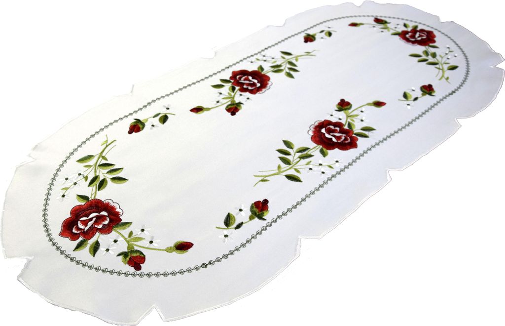 Tischläufer, bestickt, oval, 40/85, weißer Satin, Stickerei: Rote Rose