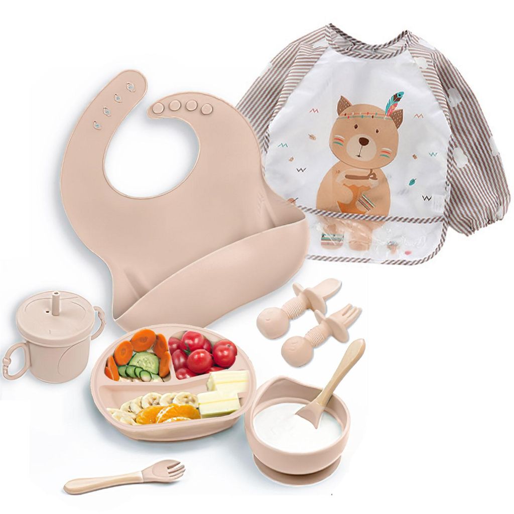 Kindergeschirr-Set 9er Baby Geschirrset Set Kindergeschirr Babylöffel Trinklernbecher Silikon Lätzchen Baby Teller Kinderteller mit Saugnapf