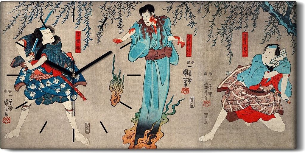 Wohnzimmer-Bild Leinwand Uhr 60x30 Malerei Asiatische Kimono Samurai Kunst - schwarze Hände