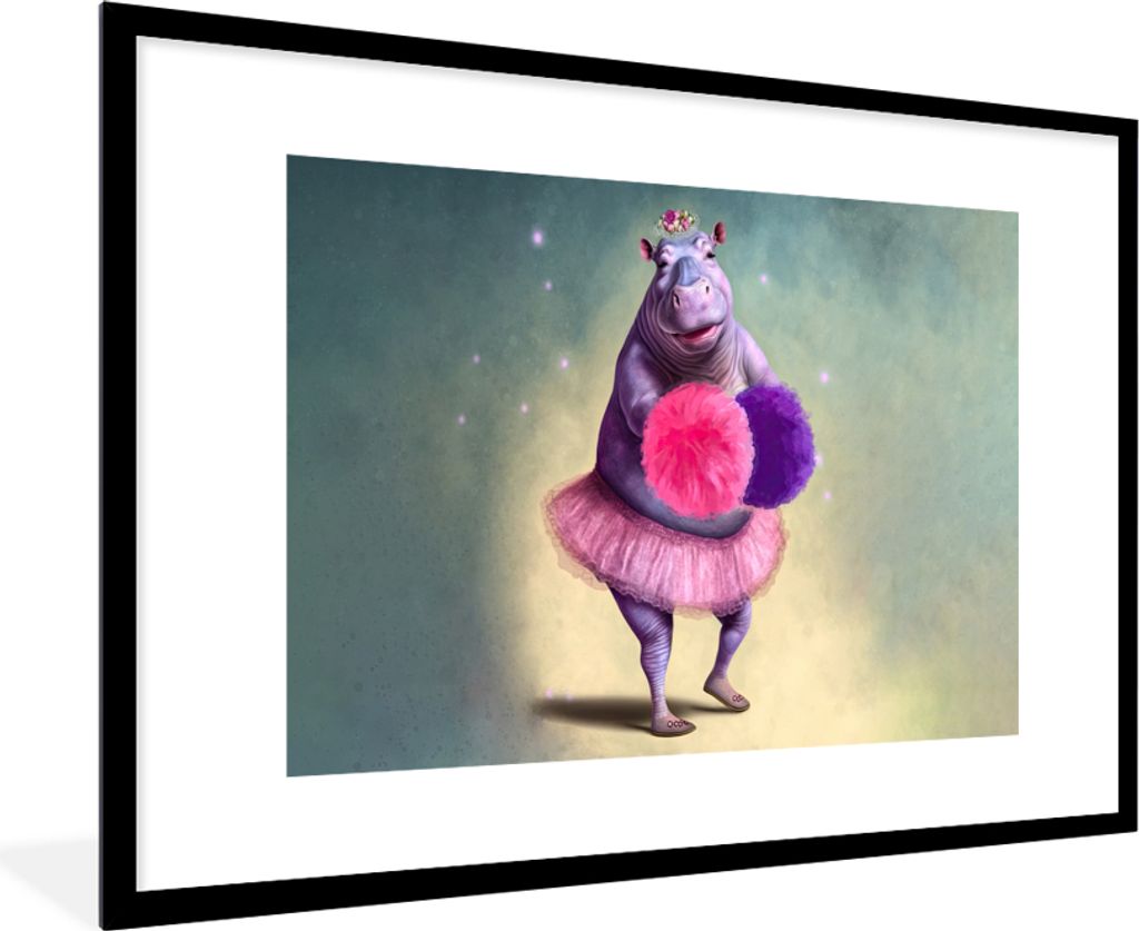 MuchoWow Gerahmtes Poster Nilpferd - Blumen - Ballerina - Pompons - Porträt 90x60 cm - Poster mit Schwarzem Bilderrahmen Wandposter Rahmen Foto ...