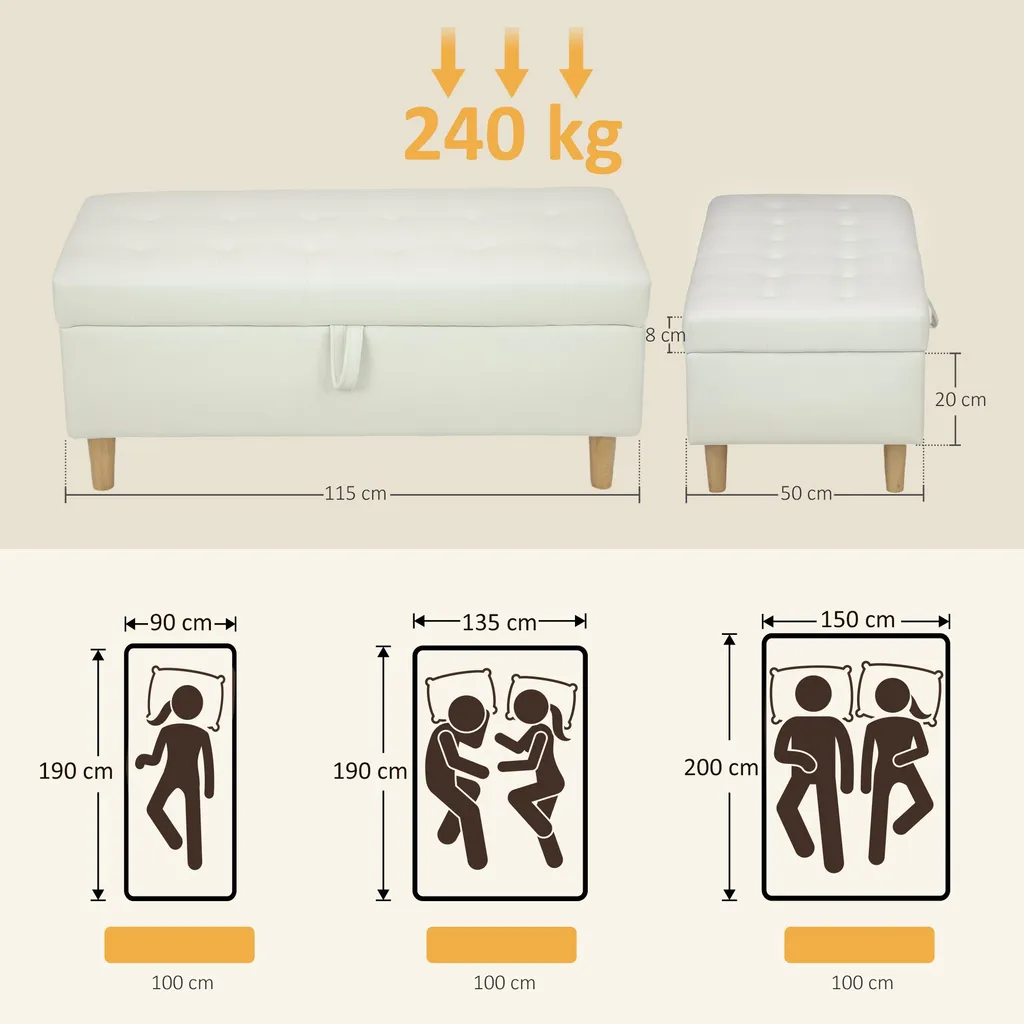 Banc Confortable en Mousse et Polyester Blanc Crème 115cm de Long - 3