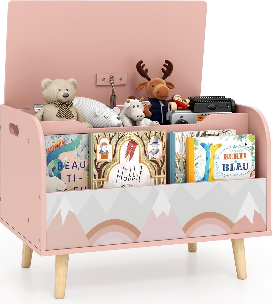 COSTWAY Spielzeugtruhe mit Deckel, 2 in 1 Spielzeugkiste aus Holz mit Bücherregal, Sitztruhe mit Stauraum, Spielzeug Aufbewahrung 60x40x43 cm (Rosa)