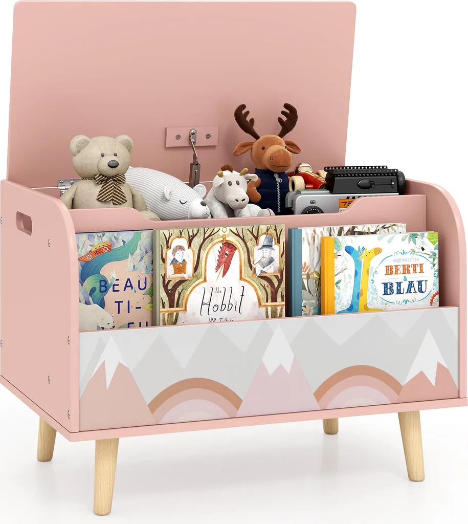Meuble de rangement jouets et livres pour chambre fille rose en bois