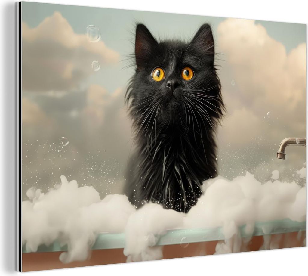 MuchoWow Wanddekoration Metall Metallbild Wandkunst 30x20 cm Katze - Bad - Schwarz - Tiere - Schaumstoff MuchoWow Aluminium Gemälde - Aluminiumgem...