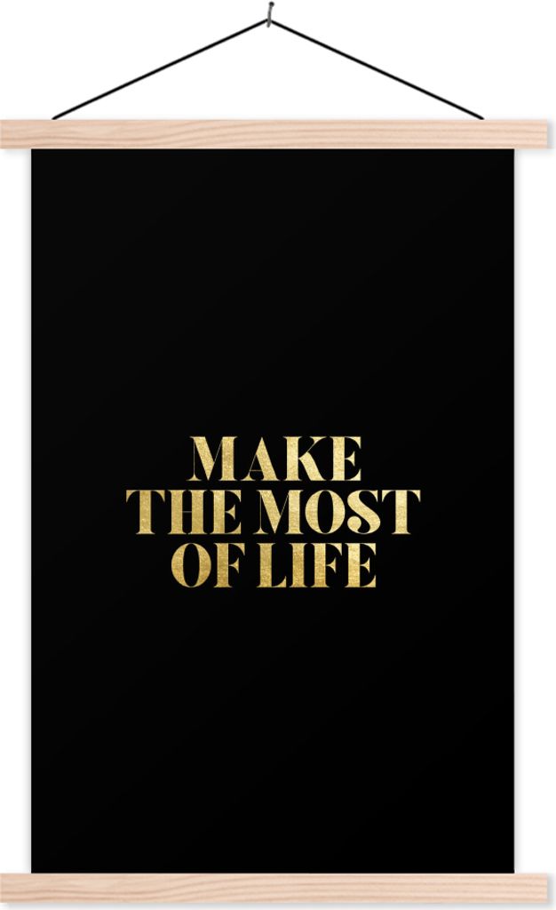 MuchoWow Textilposter Leben - Gold - Schwarz - Zitat 120x180 cm mit holzfarbenen Rahmen - Textil-Plakat