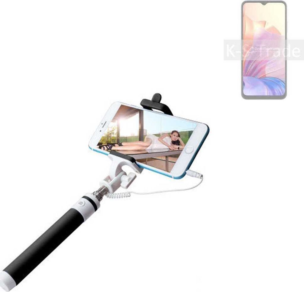 K-S-Trade Selfie Stick kompatibel mit Blackview Oscal C80 Selfiestick kabelgebunden Monopod mit Kabel Stab Stange Selfportrait Handheldstick schwarz