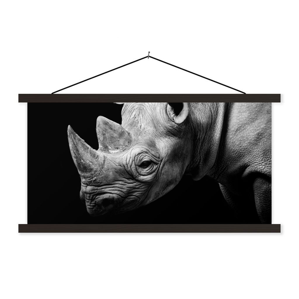 MuchoWow Textilposter Tiere - Nashorn - Schwarz - Weiß - Porträt 150x75 cm mit schwarzem Rahmen - Posterleiste