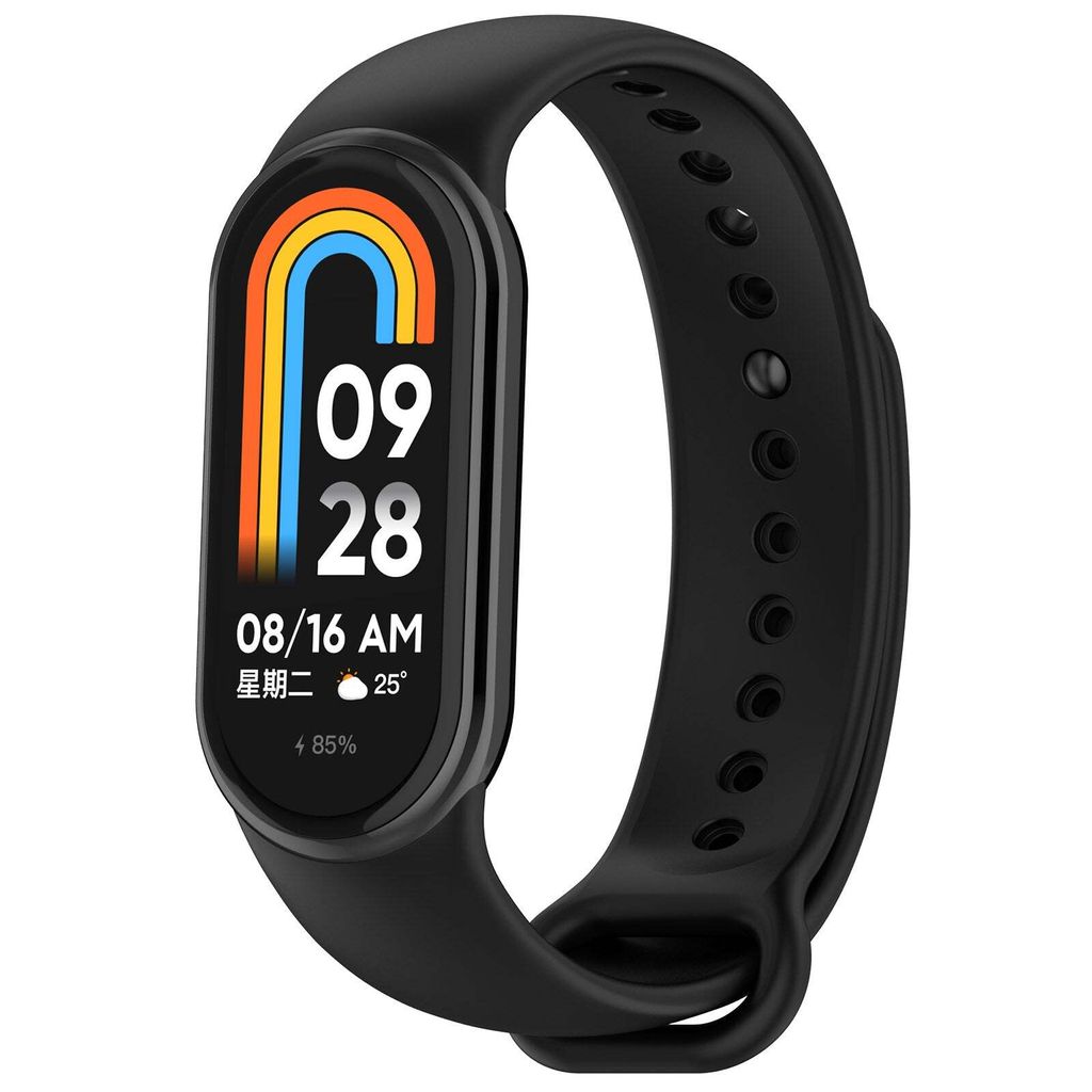A black smart watch with a colorful display showing the time and date.