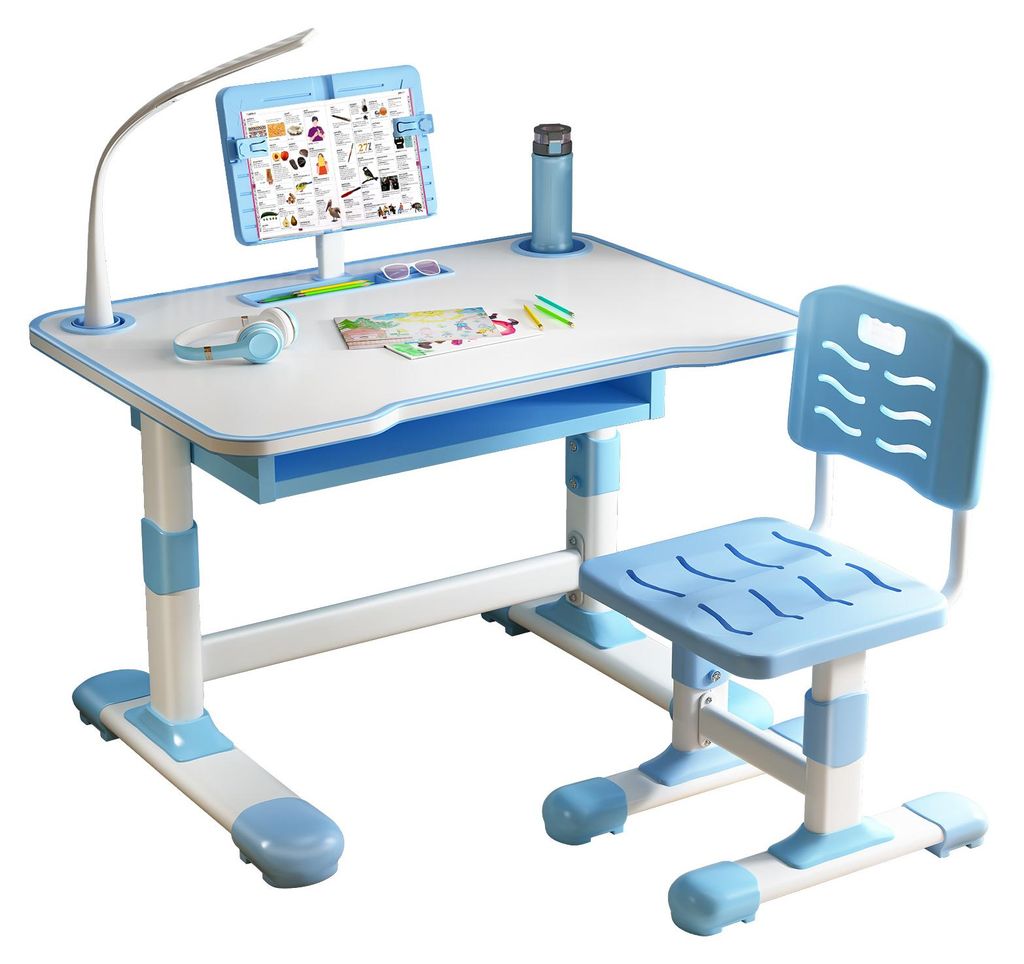 Kinder-Schreibtisch-Set mit Stuhl, höhenverstellbarer Kinderschreibtisch mit neigbarer Lesestütze, LED-Tischleuchte, Lerntisch für Wohnzimmer, S...