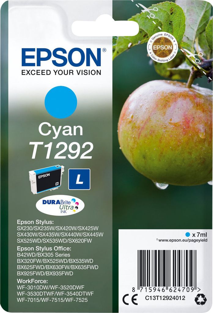 Product packaging for an Epson cyan ink cartridge.
