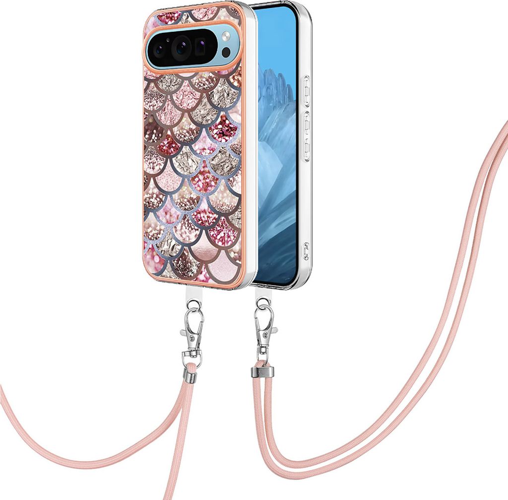 Handykette Hülle für Google Pixel 9 Muster TPU Schutzhülle mit verstellbarem Tragegurt Kaffee