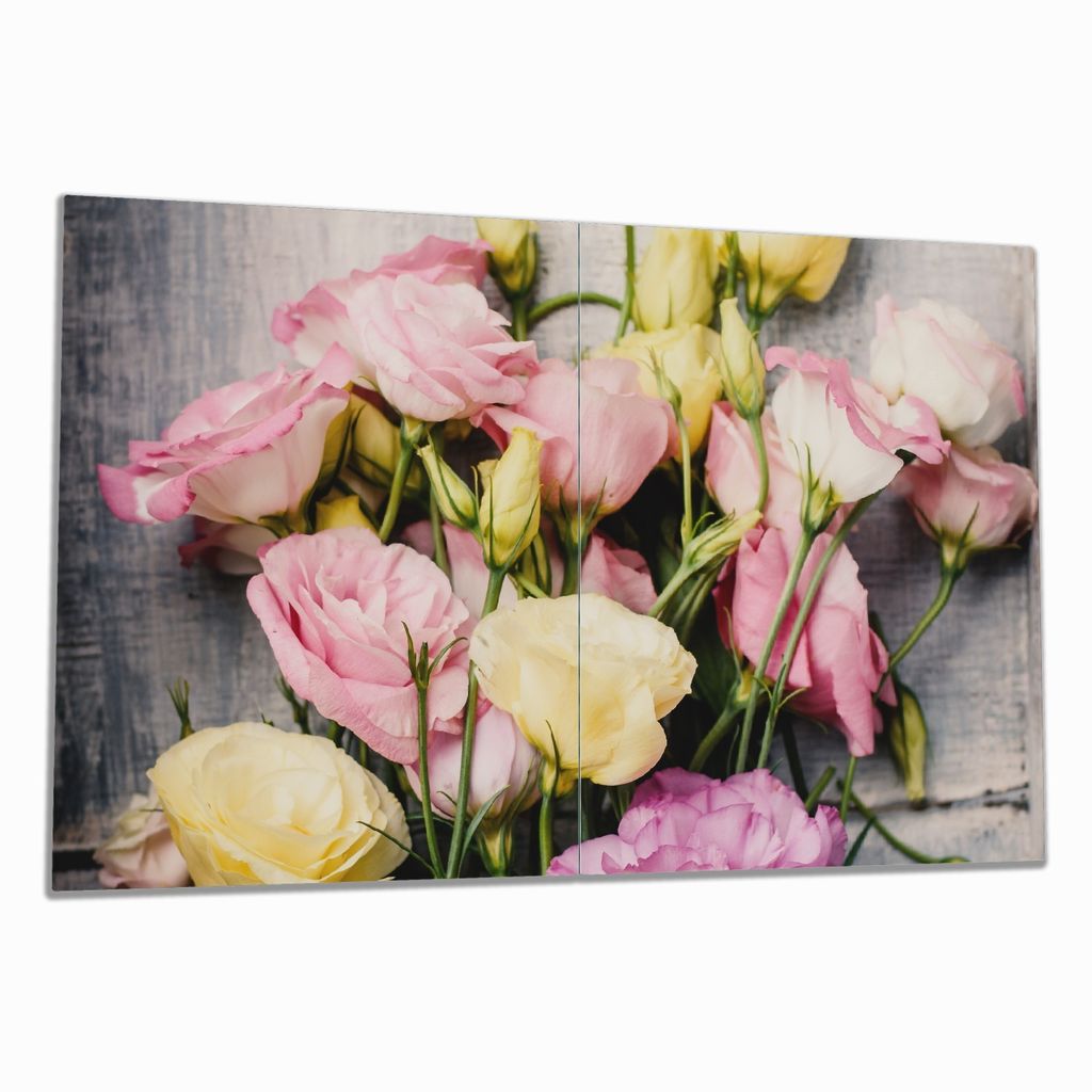Wallario Herdabdeckplatte aus Glas, Größe 80 x 52 cm 2-teilig, Motiv Gelbe und rosane Rosen