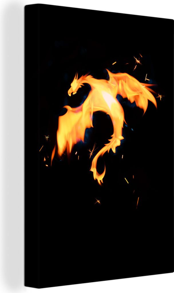 OneMillionCanvasses - Leinwandbilder - 90x140 cm, Feuer speiender Drache auf schwarzem Hintergrund, Wandbilder Kunstdruck Wanddekoration - Wandsc...