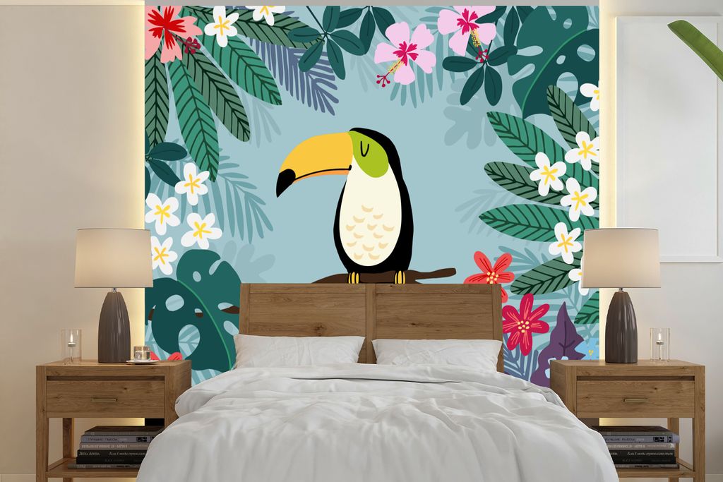 MuchoWow Fototapete für Wohnzimmer oder Schlafzimmer Wandtapete Vinyl Motivtapete Tukan - Pflanzen - Kinder - Tiere - Kinder - 350x350 cm - Schl...