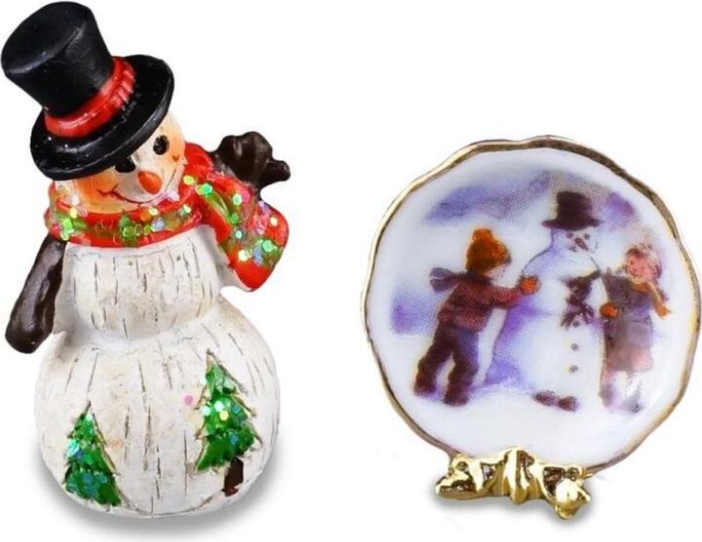 Kleiner Schneemann mit Teller – Porzellan Miniatur für Produktbild 