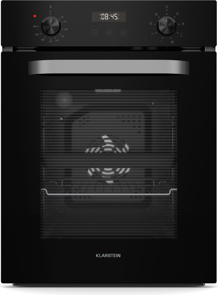 A front view of a black Klarstein Einbaubackofen (built-in oven).