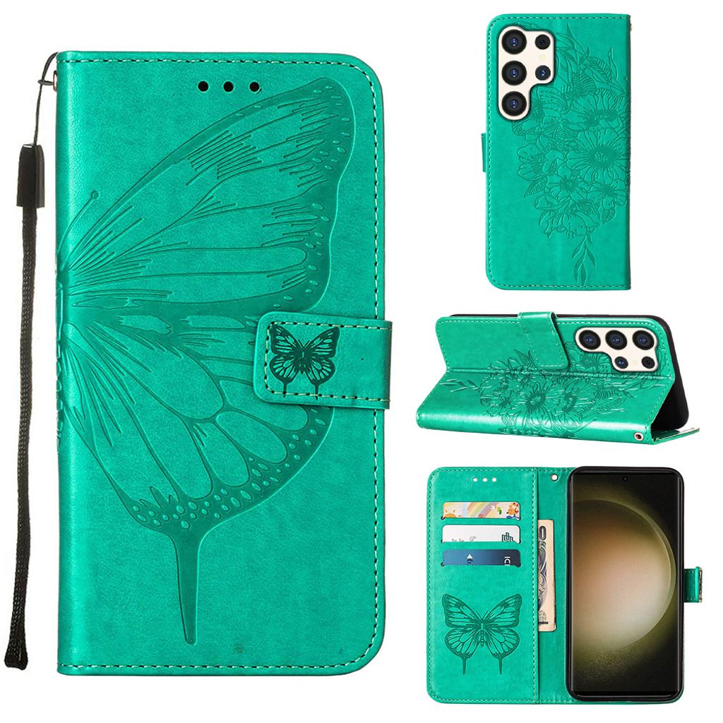 Galaxy S24 Ultra Hülle, Schmetterling Prägung Leder Kartenfächer Schutzhülle mit Ständer für Samsung Galaxy S24 Ultra Grün