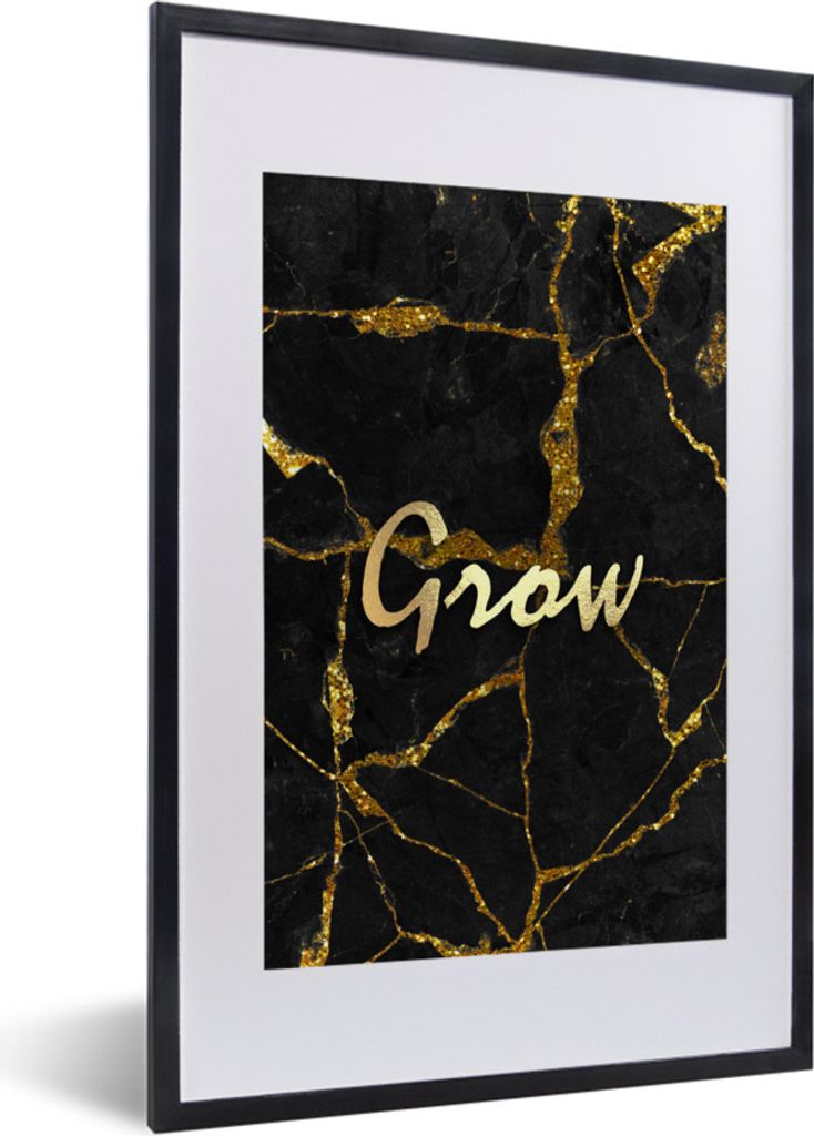 MuchoWow Gerahmtes Poster Zitat - Wachstum - Gold - Schwarz 40x60 cm - Poster mit Schwarzem Bilderrahmen Wandposter Rahmen Foto Bilder - Poster i...