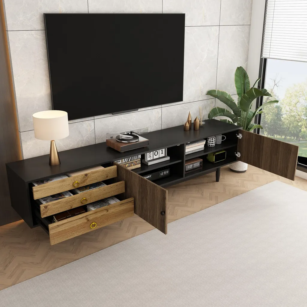 Meuble TV de Salon Moderne pour Rangement Multimédia Bois et Noir