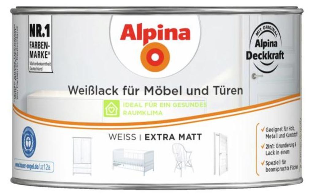 Alpina Weißlack für Möbel & Türen extramatt weiß 300 ml Produktbild 