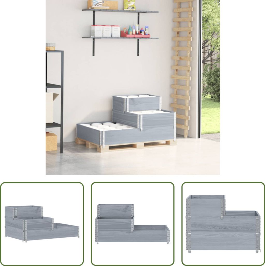 The Living Store Paletten-Aufsatzrahmen 3-fach Grau 120x80 cm Massivholz Kiefer