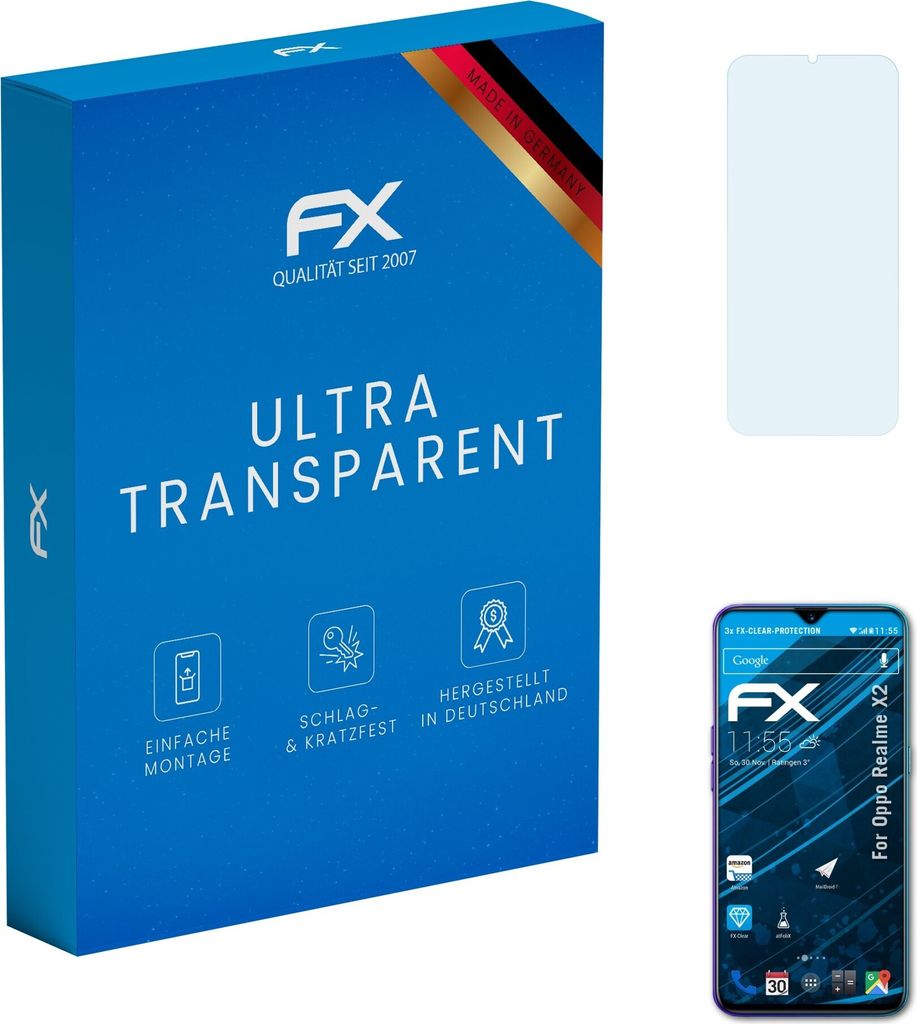 atFoliX FX-Clear 3x Schutzfolie kompatibel mit Oppo Realme X2 Displayschutzfolie