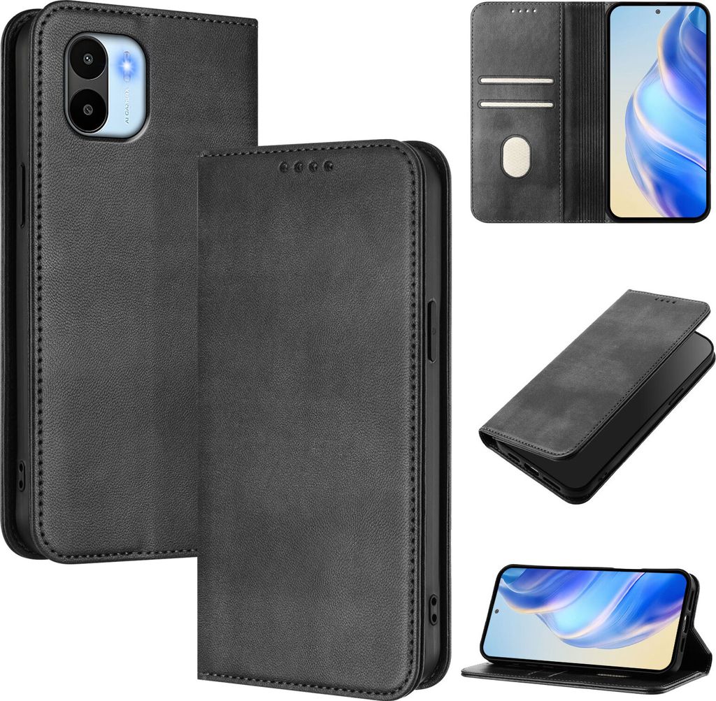 Handyhülle für Xiaomi Redmi A1/Redmi A2, Vintage Leder RFID Schutz Kartenfach Standfunktion Magnetische Klapphülle Schwarz