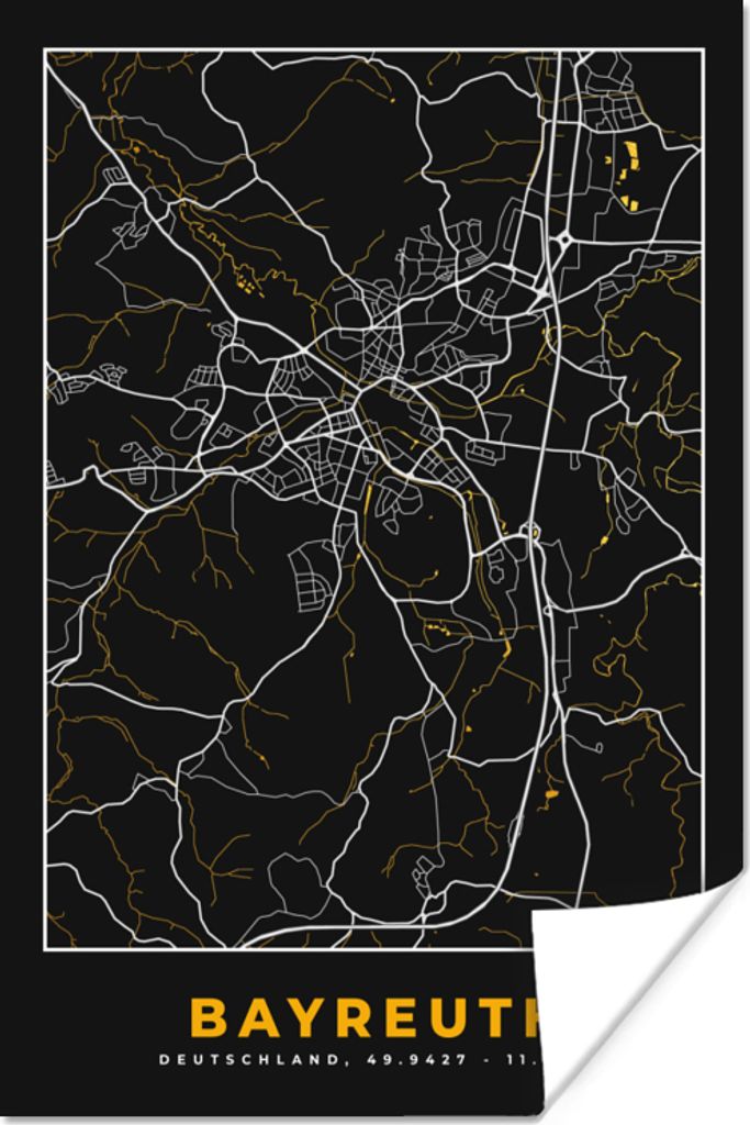 MuchoWow Poster Deutschland - Schwarz und Gold - Bayreuth - Stadtplan - Karte 60x90 cm - Wanddekoration