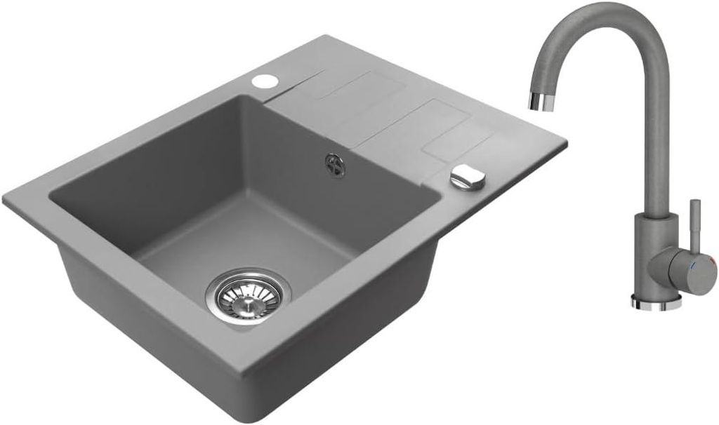 VBChome Granitspüle 59 x 44 cm Grau mit Armatur Einzelbecken Einbauspüle Reversibel Gesprenkelt Pflegeleichtes Spülbecken mit Siphon
