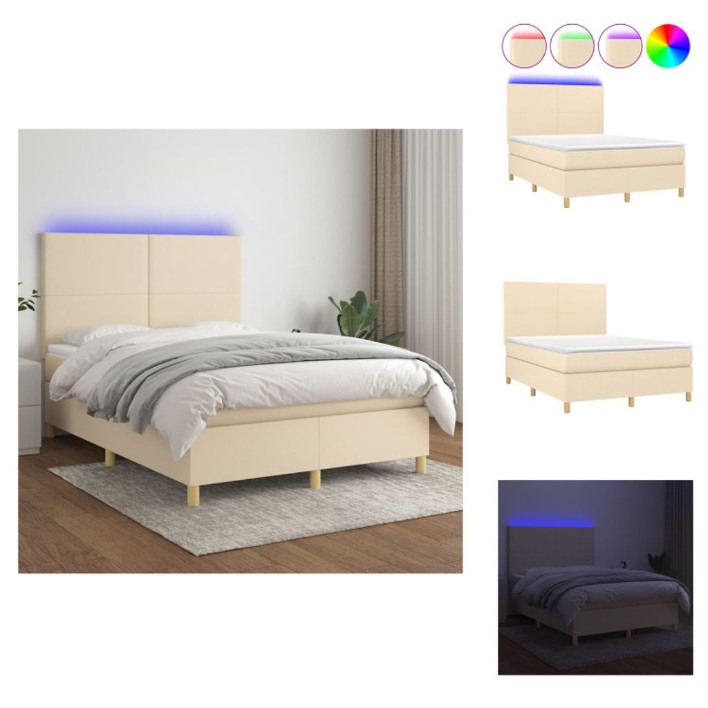 vidaXL Boxspringbett mit Matratze & LED Creme 140x200 cm Stoff - Betten & Bettgestelle