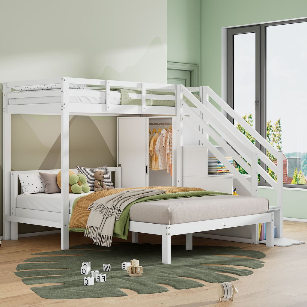Flieks Etagenbett 90x200/140x200cm mit Kleiderschrank, Hochbett mit Stauraumtreppe, Kinderbett mit Lattenrost und Rausfallschuz, Familienbett Weiß