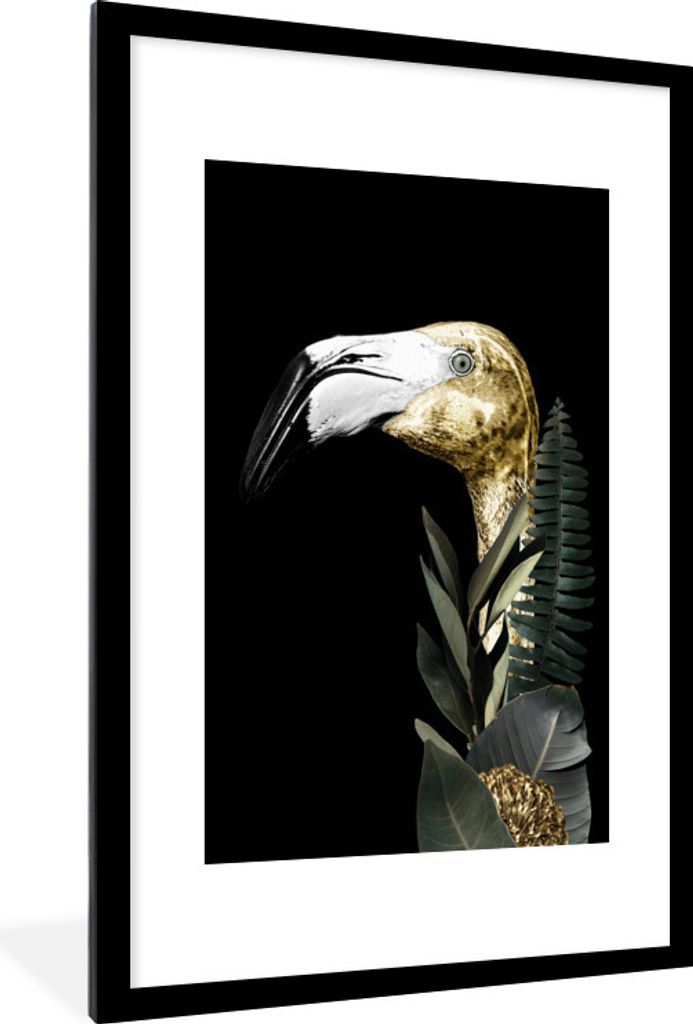 MuchoWow MuchoWow Gerahmtes Poster Flamingo - Gold - Schwarz 60x90 cm - Poster mit zchwarzem Bilderrahmen - Dekoration - Wandposter Wohnzimmer ...