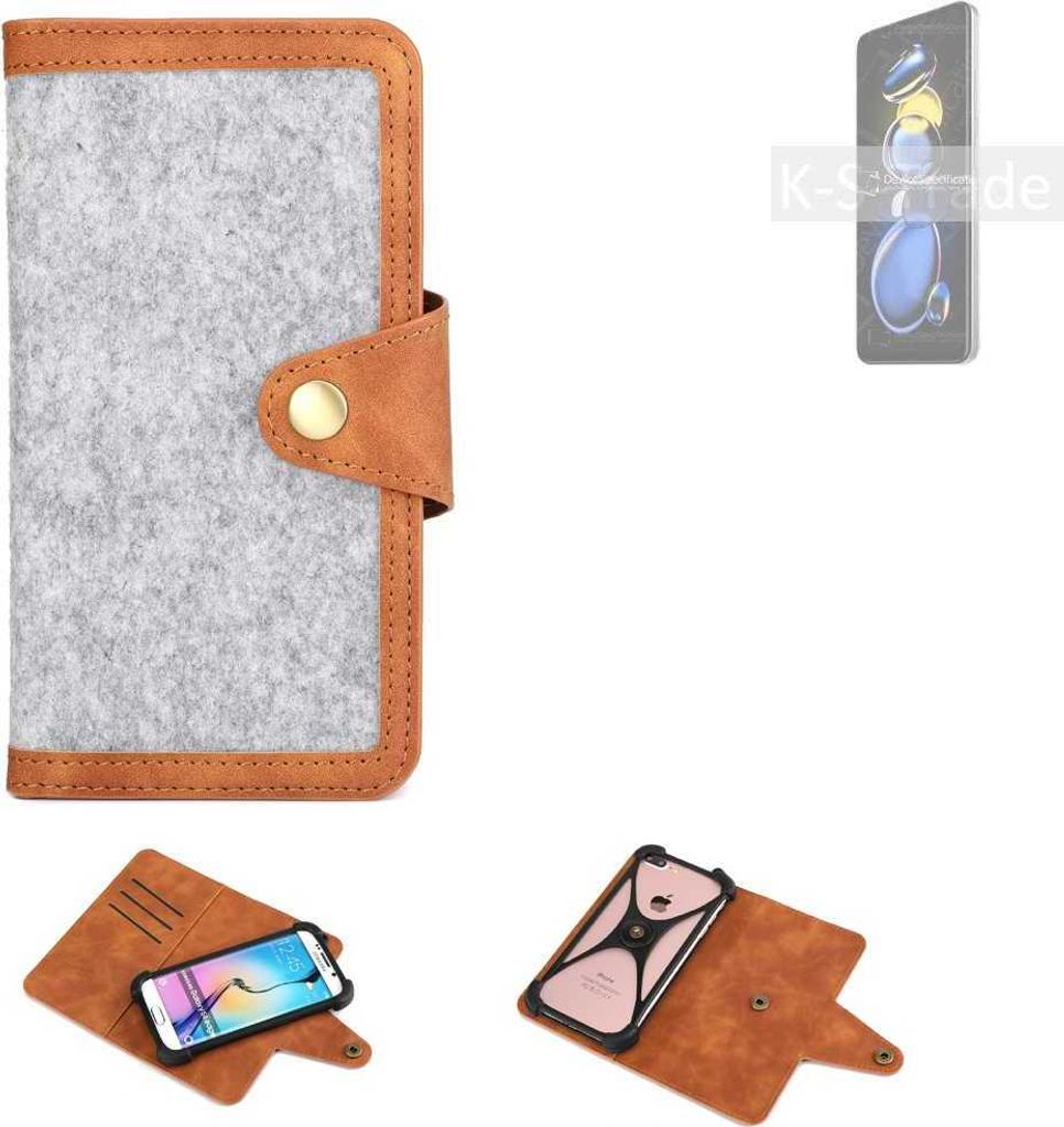 K-S-Trade Handyhülle kompatibel mit Xiaomi Redmi Note 11T Pro Schutzhülle Filz-Hülle Kunst-Leder hellgrau braun (1x)