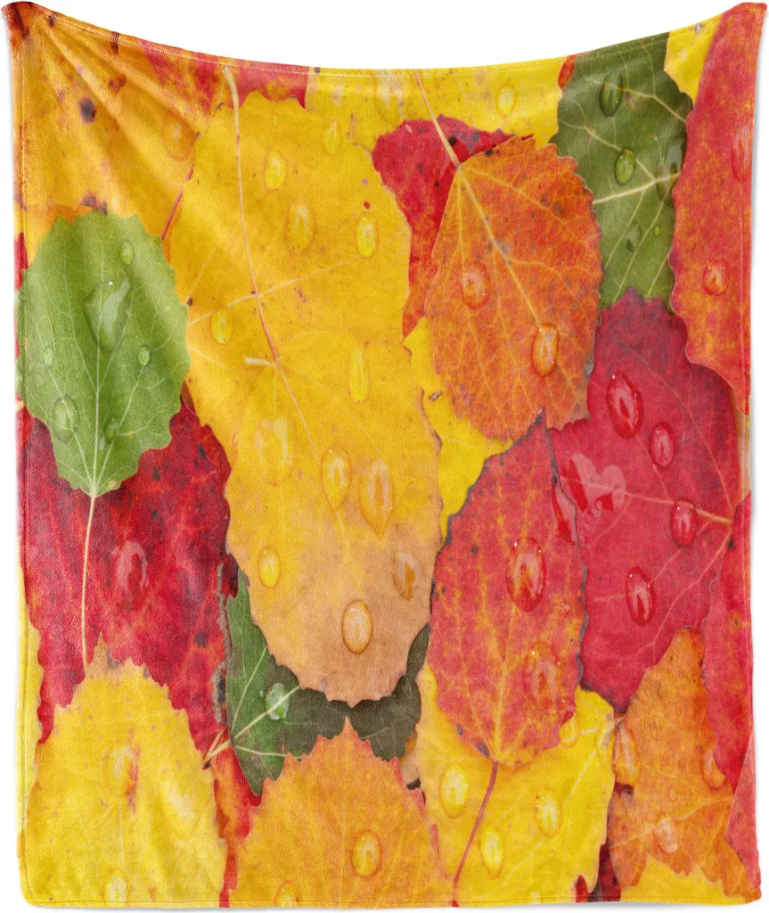 ABAKUHAUS Coperta in morbido pile di flanella con motivo foglie autunnali, chiusura a zip, motivo foglie con gocce di pioggia, 175 x 230 cm, multicolore