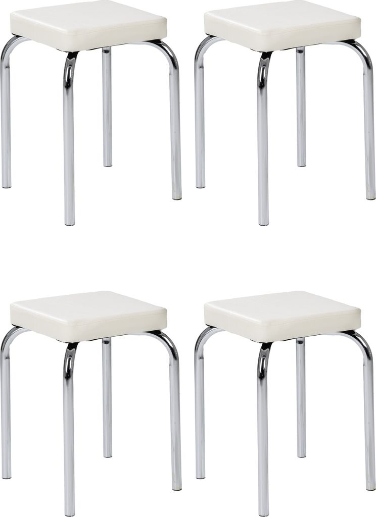 Hocker - 36 x 36 cm - Weiß - Kunstleder - verchromtes Metallgestell - stapelbar - 4er Set