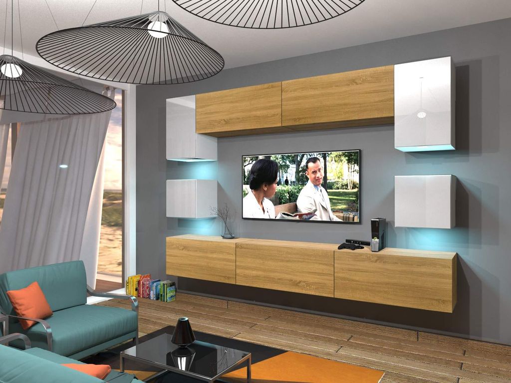 Furnitech Wohnwand Wohnzimmer - Wohnzimmer Möbel mit LED RGB - Hängend Wohnwand Modern - Wohnzimmer Schrankwand(Nowara AN1-17WD-HGM47 1B)