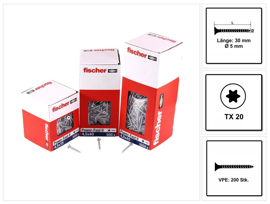 Fischer Spanplattenschrauben Power-Fast II Stahl verzinkt, blau verzinkt, Senkkopf, TX20, Vollgewinde 5,0 x 30 mm 200 Stk.