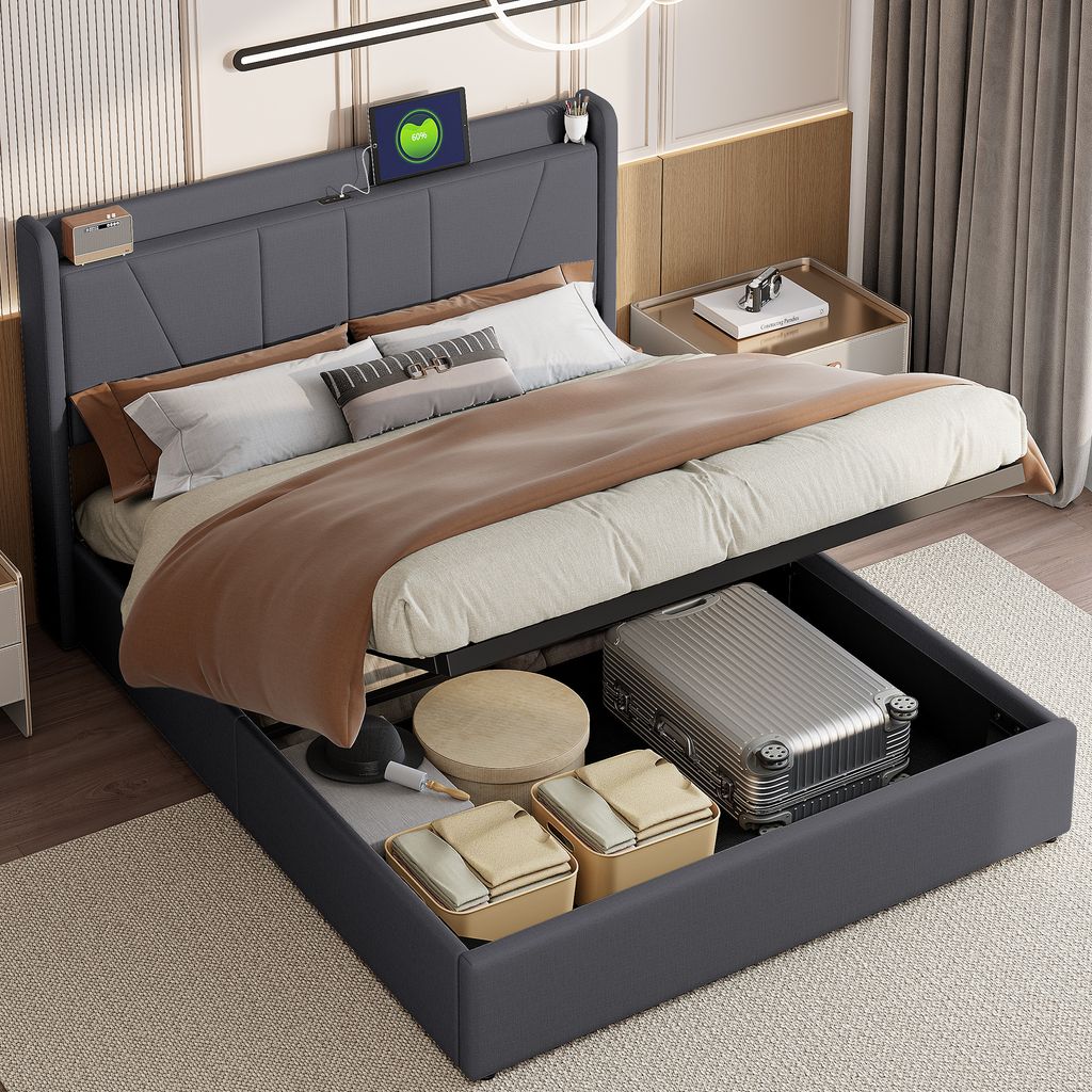 CDGlobal Polsterbett Doppelbett 160x200 cm, Bett mit USB, Bett mit Stauraum Kasten und Schubladen, Stauraumbett mit Lattenrost aus Holz, Hydraulisc...