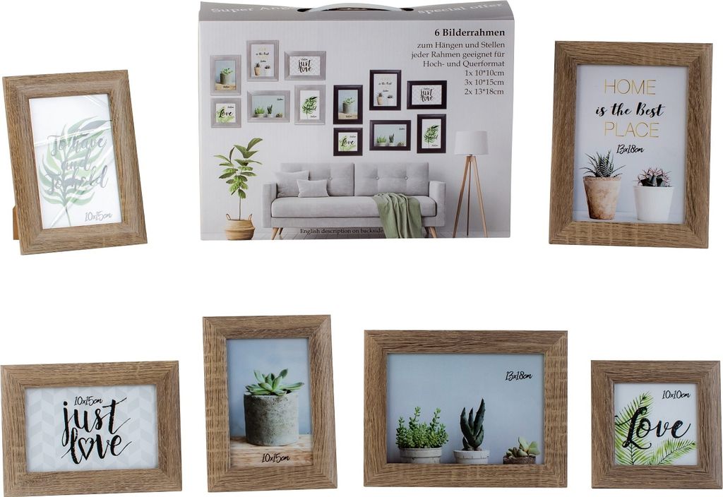Modernes Bilderrahmen Fotorahmen Set 6-teilig zum Stellen und Hängen inklusive Geschenkbox braun