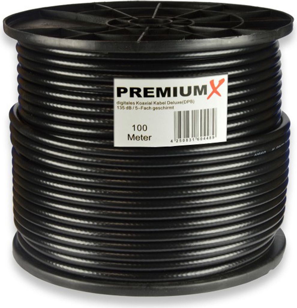 PremiumX DELUXE PRO 100m Koaxial Kabel SCHWARZ 135 dB 5-Fach geschirmt reines Kupfer SAT Antennenkabel 100 m