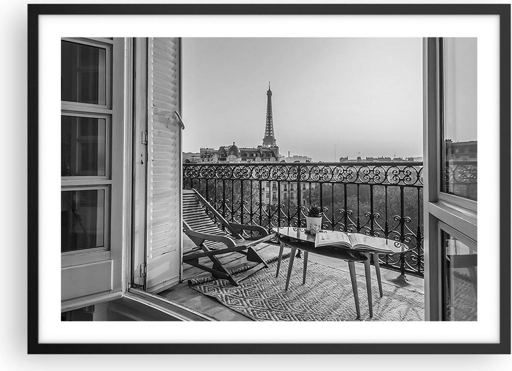 Gerahmtes Poster - Schwarzer Rahmen - Schwarzweiß Paris Balkon - 70x50 cm - Wand Bild - Wanddeko - Wandbilder - Kunstposter - Wandposter - Bilderr...