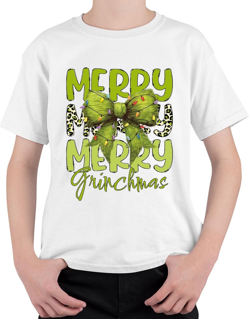 Merry Grinchmas grüne Schleife Weihnachten Leopardenmuster Geschenk Uni Kinder T-Shirt, Weiß, 140