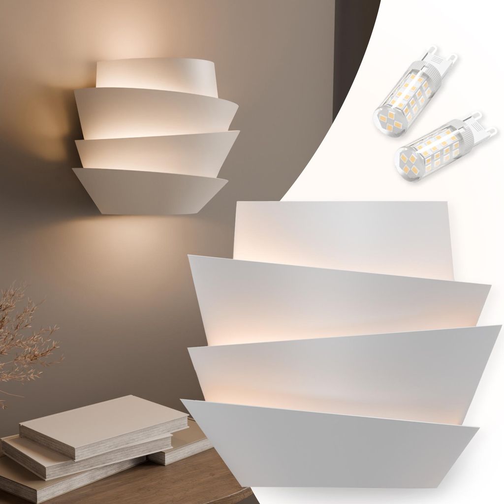 charlique Wandleuchte innen, weiss, Design Wandlampe Wave Light mit 2 Stück LED G9 Lampen, Wandbeleuchtung für Wohnzimmer, Schlafzimmer, Flur, ...