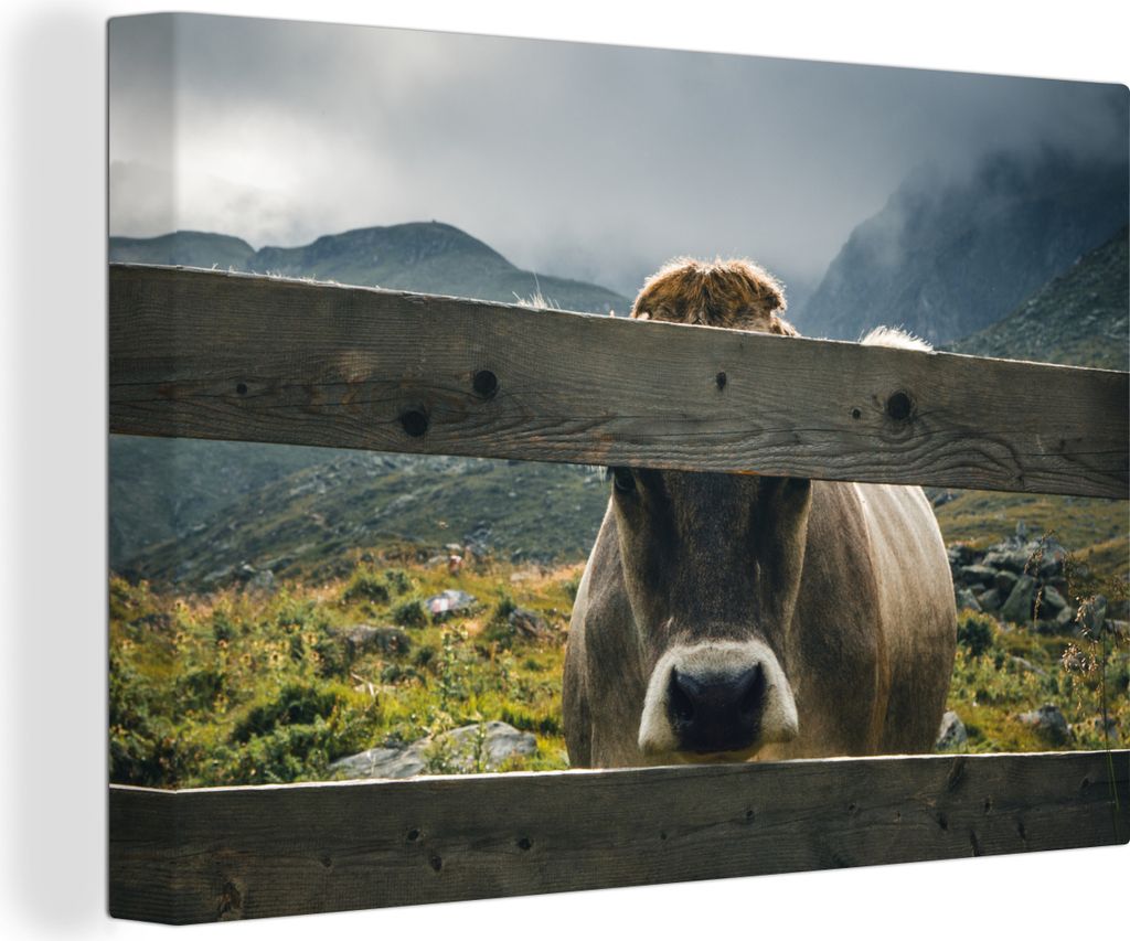 OneMillionCanvasses - Leinwandbilder - 140x90 cm, Kuh - Nebel - Zaun, Wandbilder Kunstdruck Wanddekoration - Foto auf Leinwand - Gemälde auf Hol...