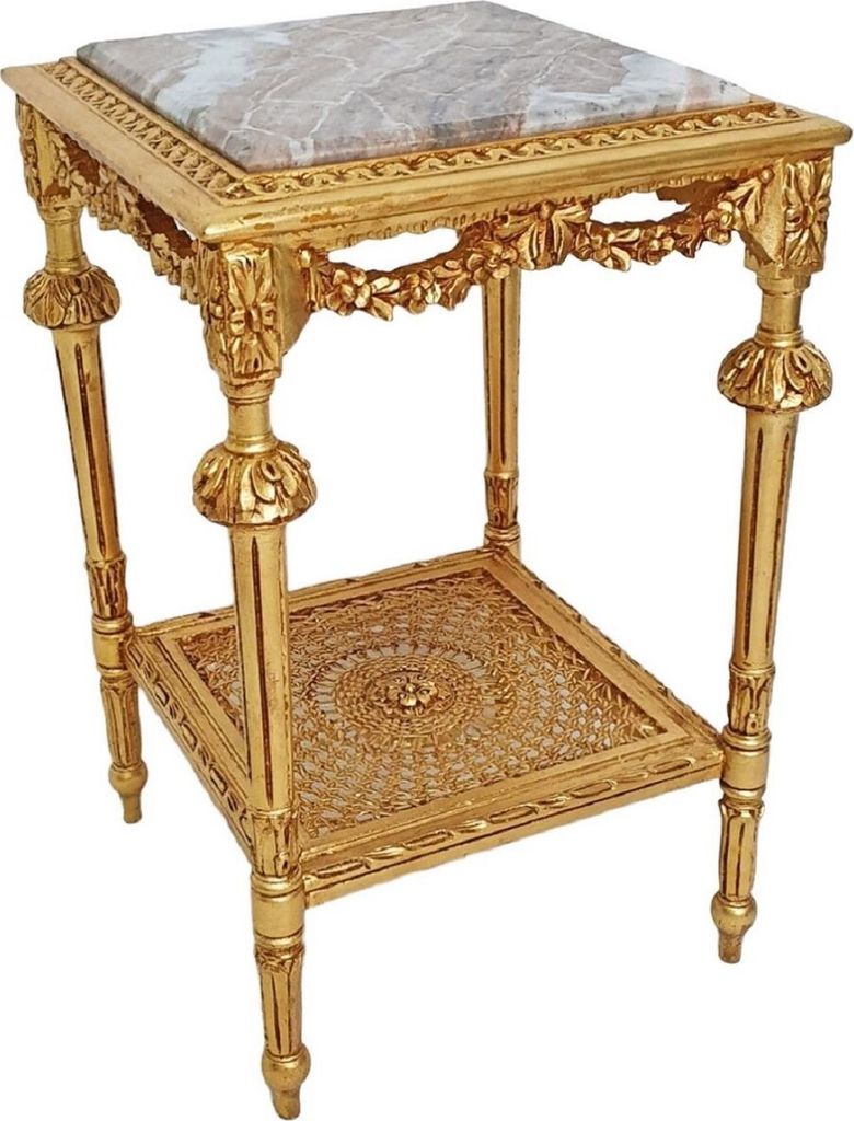 Casa Padrino Barock Beistelltisch Gold / Grau - Prunkvoller Antik Stil Massivholz Tisch mit Marmorplatte - Wohnzimmer Möbel im Barockstil - Barock...